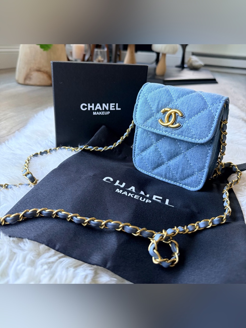 **PRICE FIRM** Chanel MAKEUP Blue Denim Handbag w Gold Hardware & Dust bag GWP